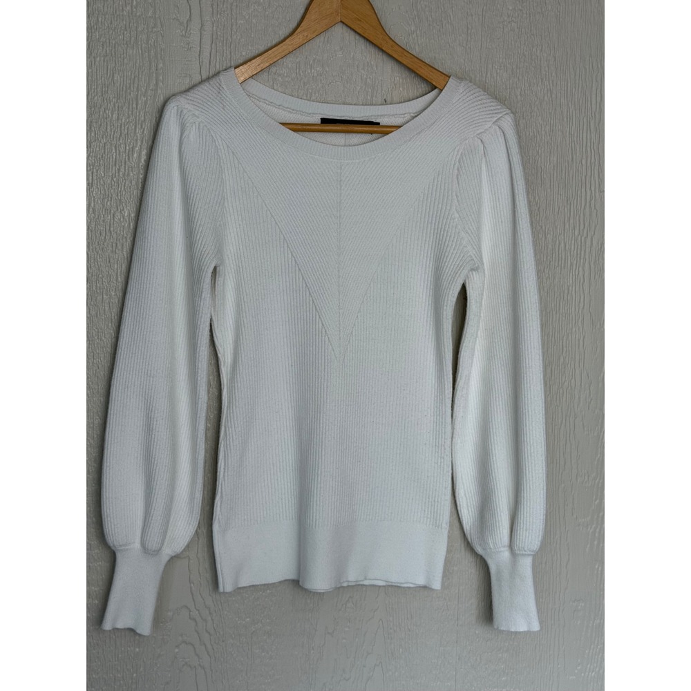 Tecrew White Ribbed Knit Puff Lantern Sleeve Scoop Neck Sweater Small Stunning